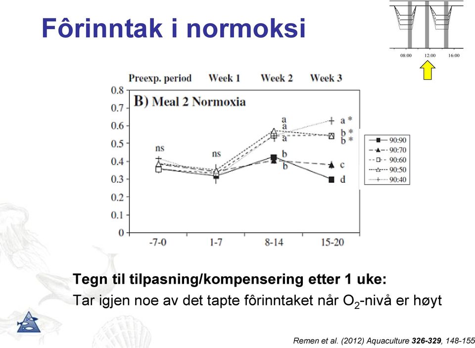 etter 1 uke: Tar igjen noe av det tapte fôrinntaket når O 2