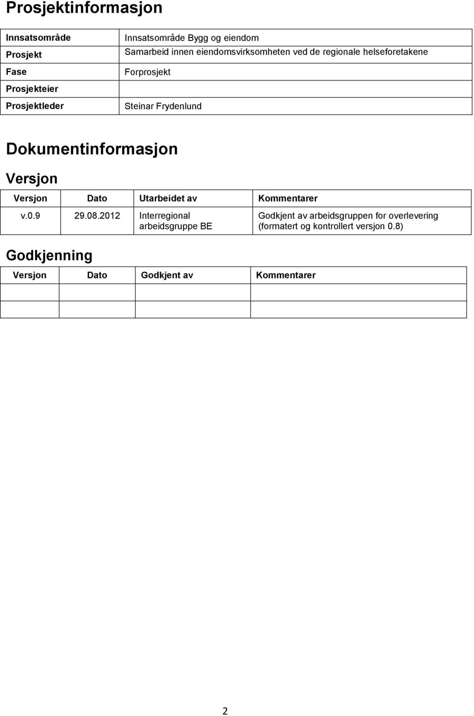 Dokumentinformasjon Versjon Versjon Dato Utarbeidet av Kommentarer v.0.9 29.08.