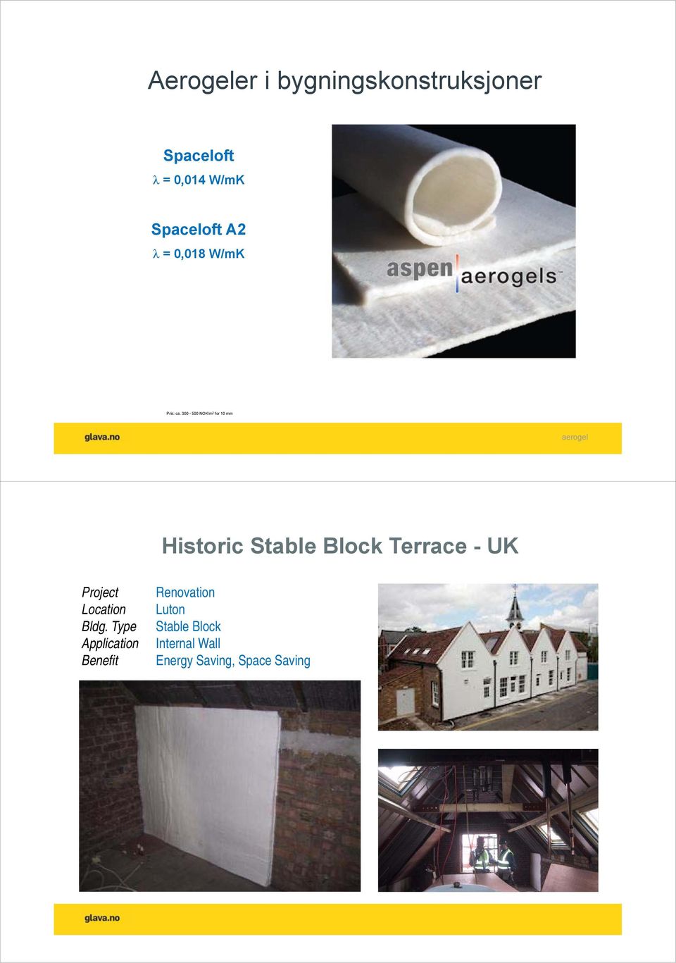300-500 NOK/m 2 for 10 mm aerogel Historic Stable Block Terrace - UK Historic