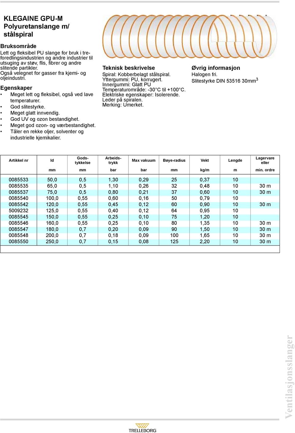 Meget god ozon- og værbestandighet. Tåler en rekke oljer, solventer og industrielle kjemikalier. Spiral: Kobberbelagt stålspiral. Yttergummi: PU, korrugert.