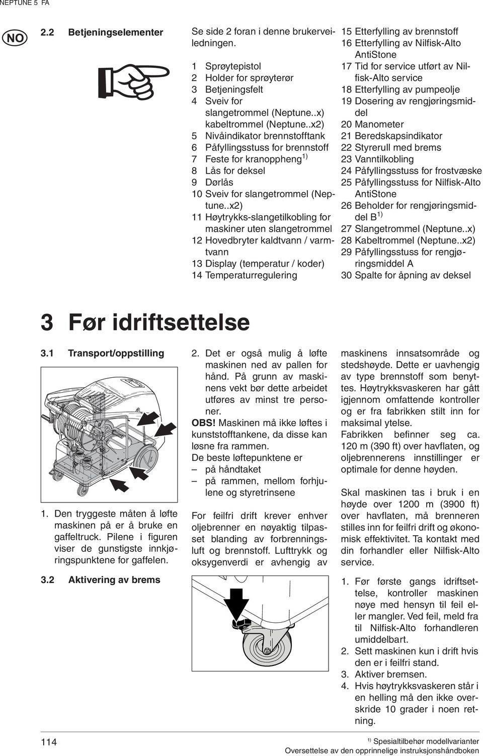 .x2) 11 Høytrykks-slangetilkobling for maskiner uten slangetrommel 12 Hovedbryter kaldtvann / varmtvann 13 Display (temperatur / koder) 14 Temperaturregulering 15 Etterfylling av brennstoff 16