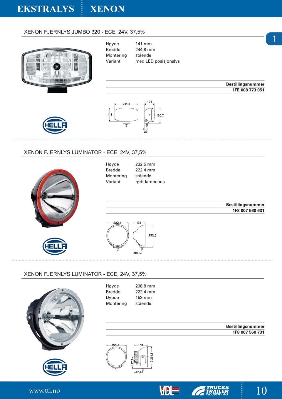 37,5% 232,5 mm 222,4 mm stående rødt lampehus 1F8 007 560 631 XENON