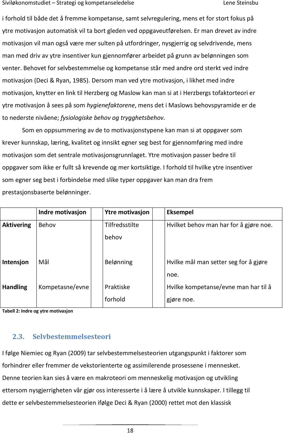 venter. Behovet for selvbestemmelse og kompetanse står med andre ord sterkt ved indre motivasjon (Deci & Ryan, 1985).