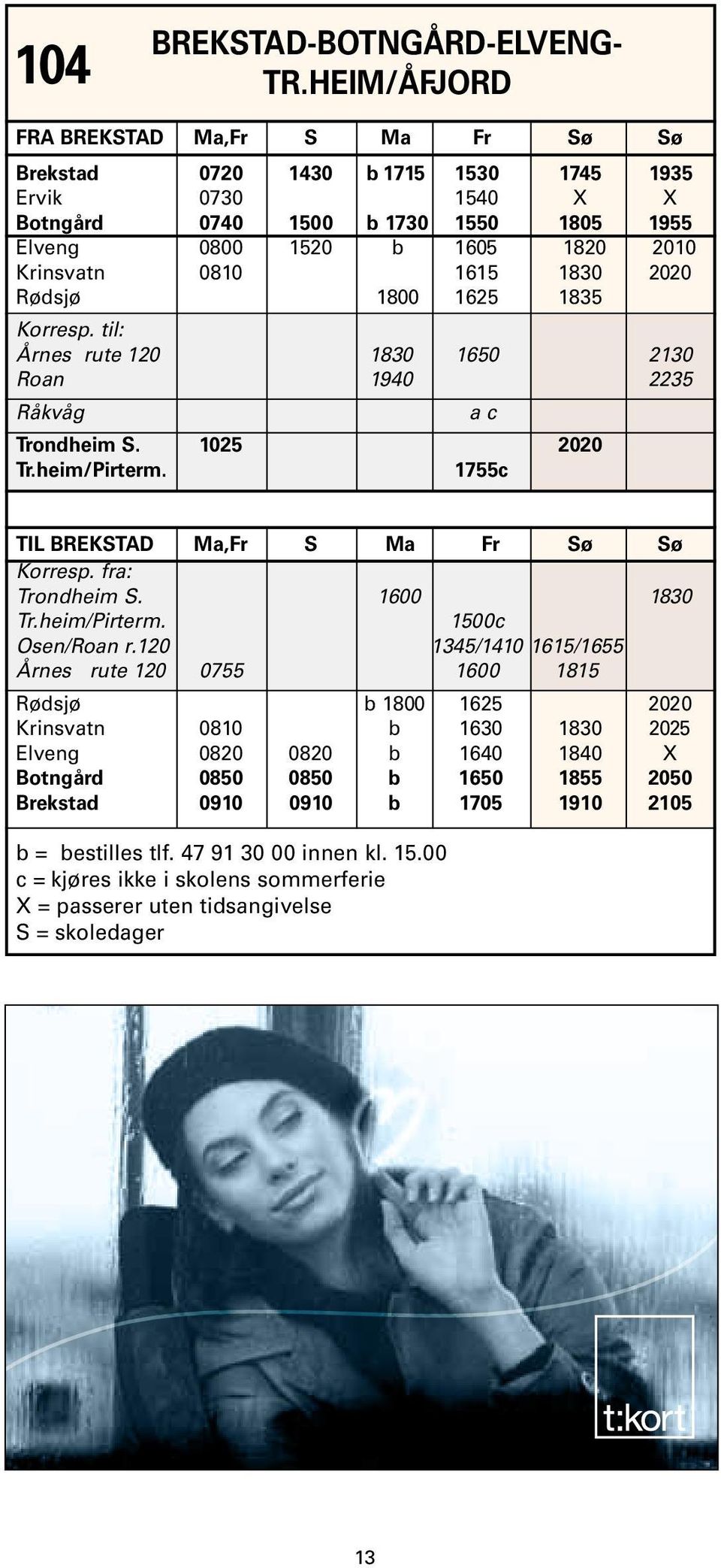 1615 1830 2020 Rødsjø Korresp. til: 1800 1625 1835 Årnes rute 120 1830 1650 2130 Roan 1940 2235 Råkvåg a c Trondheim S. 1025 2020 Tr.heim/Pirterm. 1755c TIL BREKSTAD Ma,Fr S Ma Fr Sø Sø Korresp.