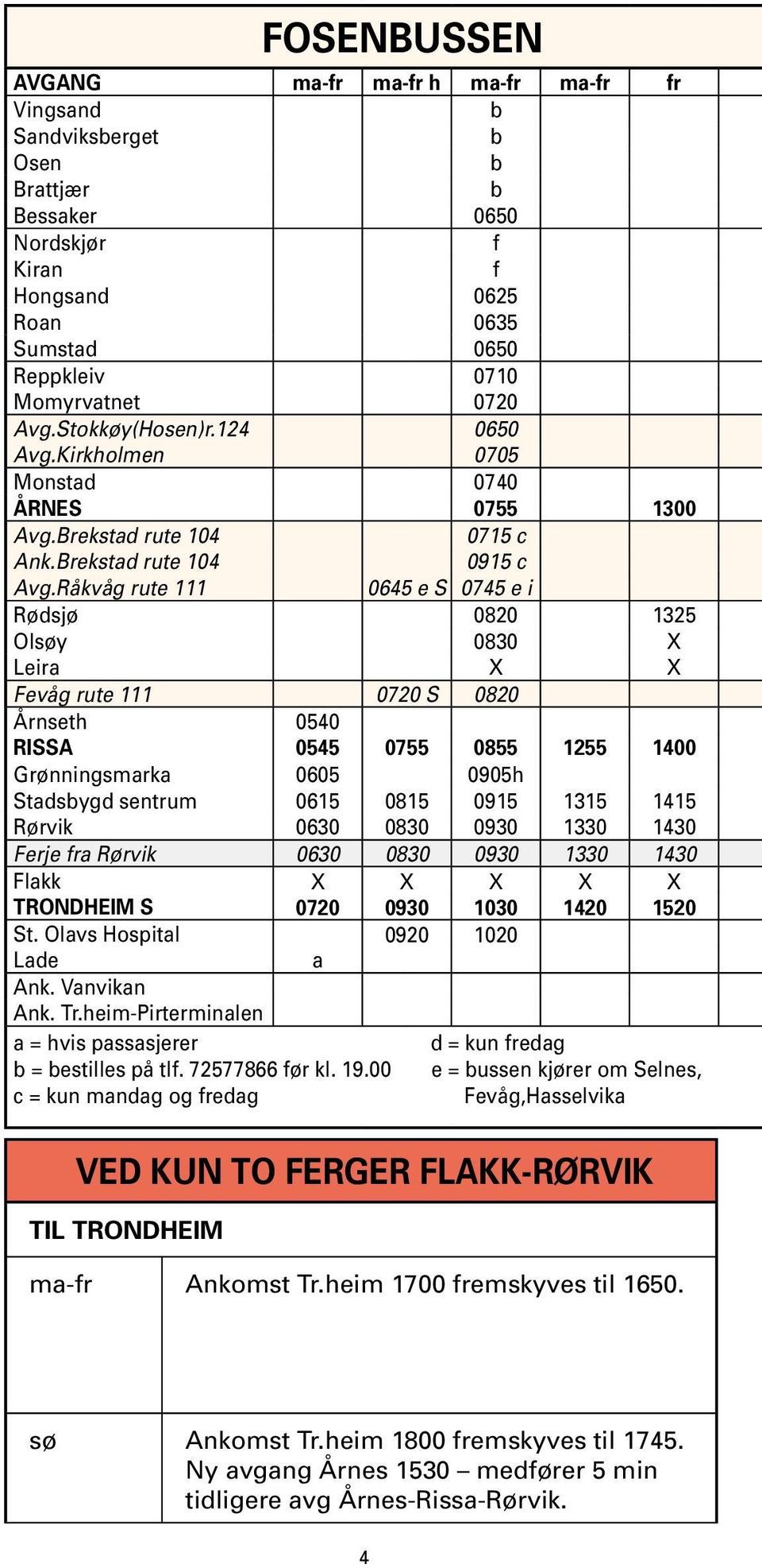 Råkvåg rute 111 0645 e S 0745 e i Rødsjø 0820 1325 Olsøy 0830 X Leira X X Fevåg rute 111 0720 S 0820 Årnseth 0540 RISSA 0545 0755 0855 1255 1400 Grønningsmarka 0605 0905h Stadsbygd sentrum 0615 0815