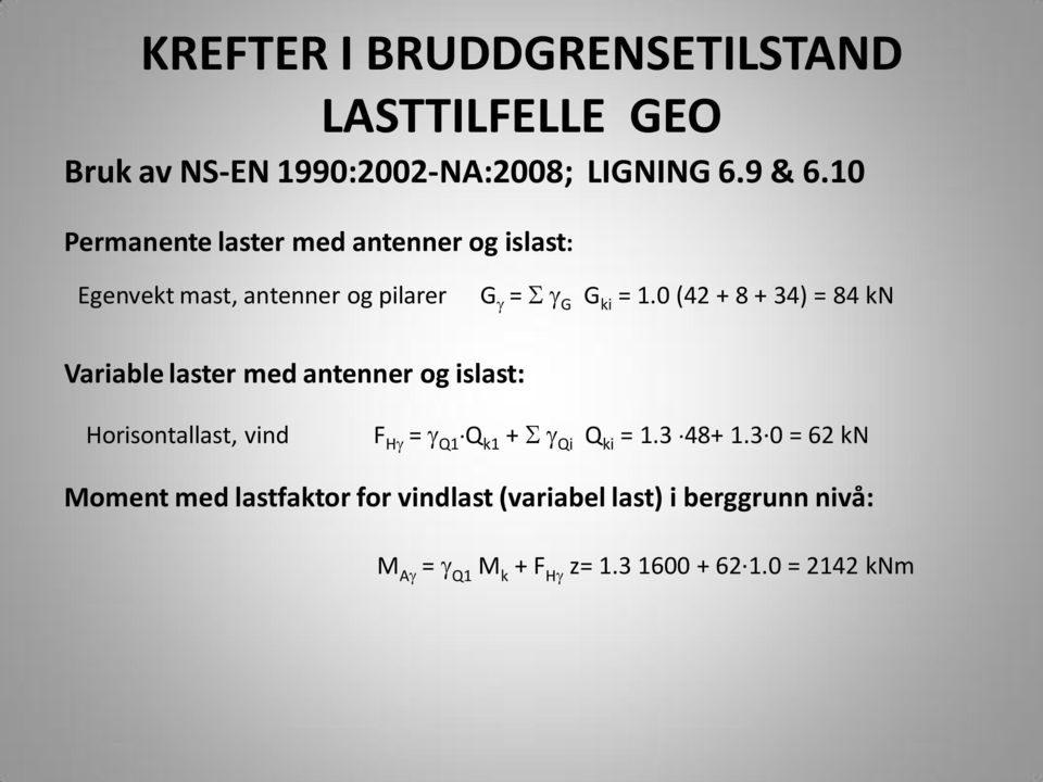 0 (42 + 8 + 34) = 84 kn Variable laster med antenner og islast: Horisontallast, vind F H = Q1 Q k1 + Qi Q ki