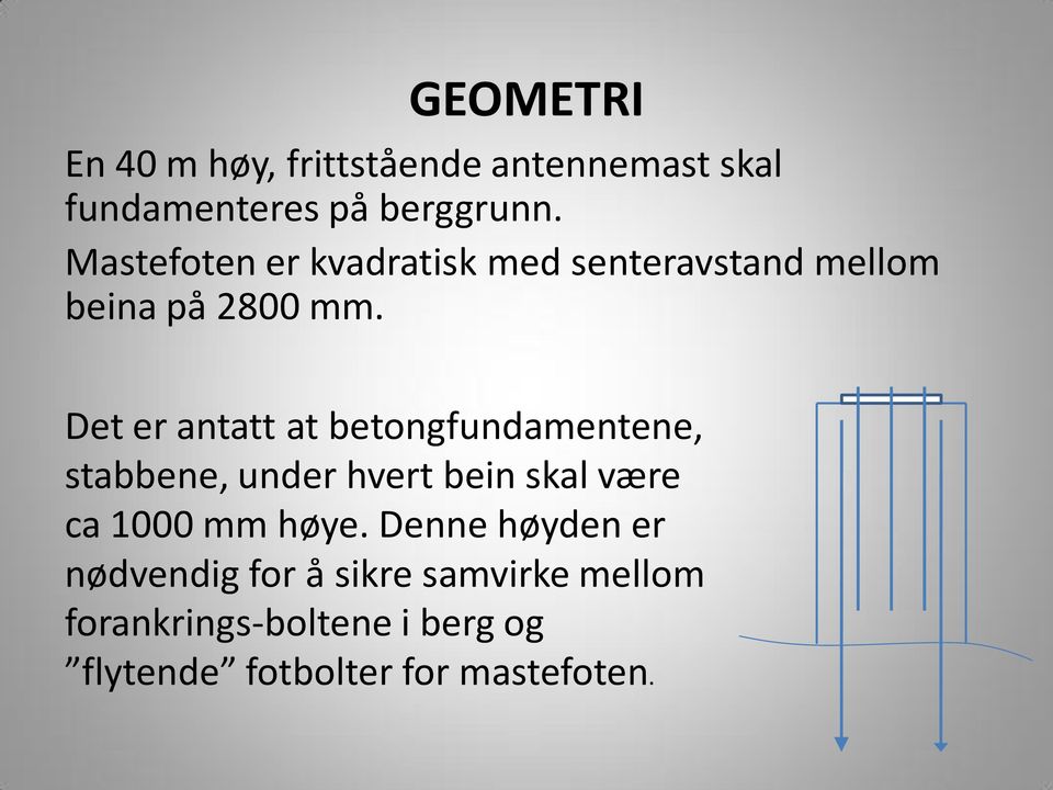 Det er antatt at betongfundamentene, stabbene, under hvert bein skal være ca 1000 mm høye.