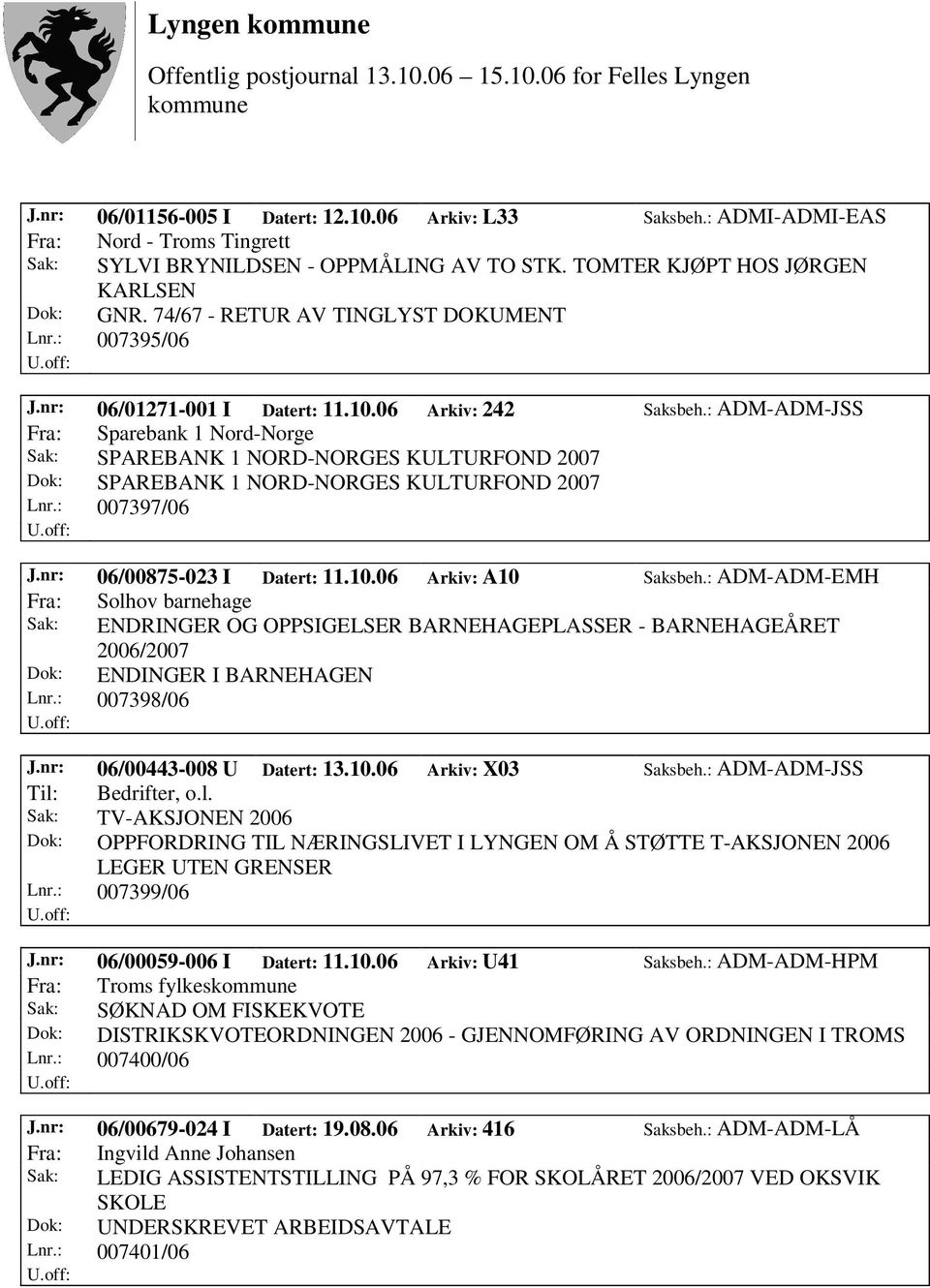 : ADM-ADM-JSS Fra: Sparebank 1 Nord-Norge Sak: SPAREBANK 1 NORD-NORGES KULTURFOND 2007 Dok: SPAREBANK 1 NORD-NORGES KULTURFOND 2007 Lnr.: 007397/06 J.nr: 06/00875-023 I Datert: 11.10.