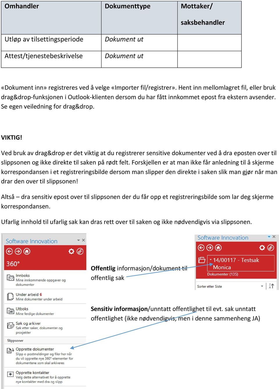 Ved bruk av drag&drop er det viktig at du registrerer sensitive dokumenter ved å dra eposten over til slippsonen og ikke direkte til saken på rødt felt.