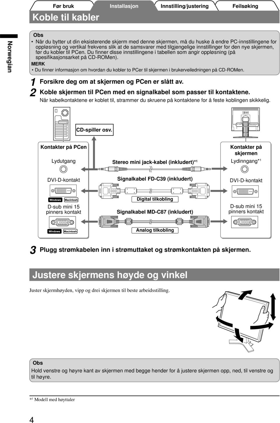 MERK Du fi nner informasjon om hvordan du kobler to PCer til skjermen i brukerveiledningen på CD-ROMen. Forsikre deg om at skjermen og PCen er slått av.