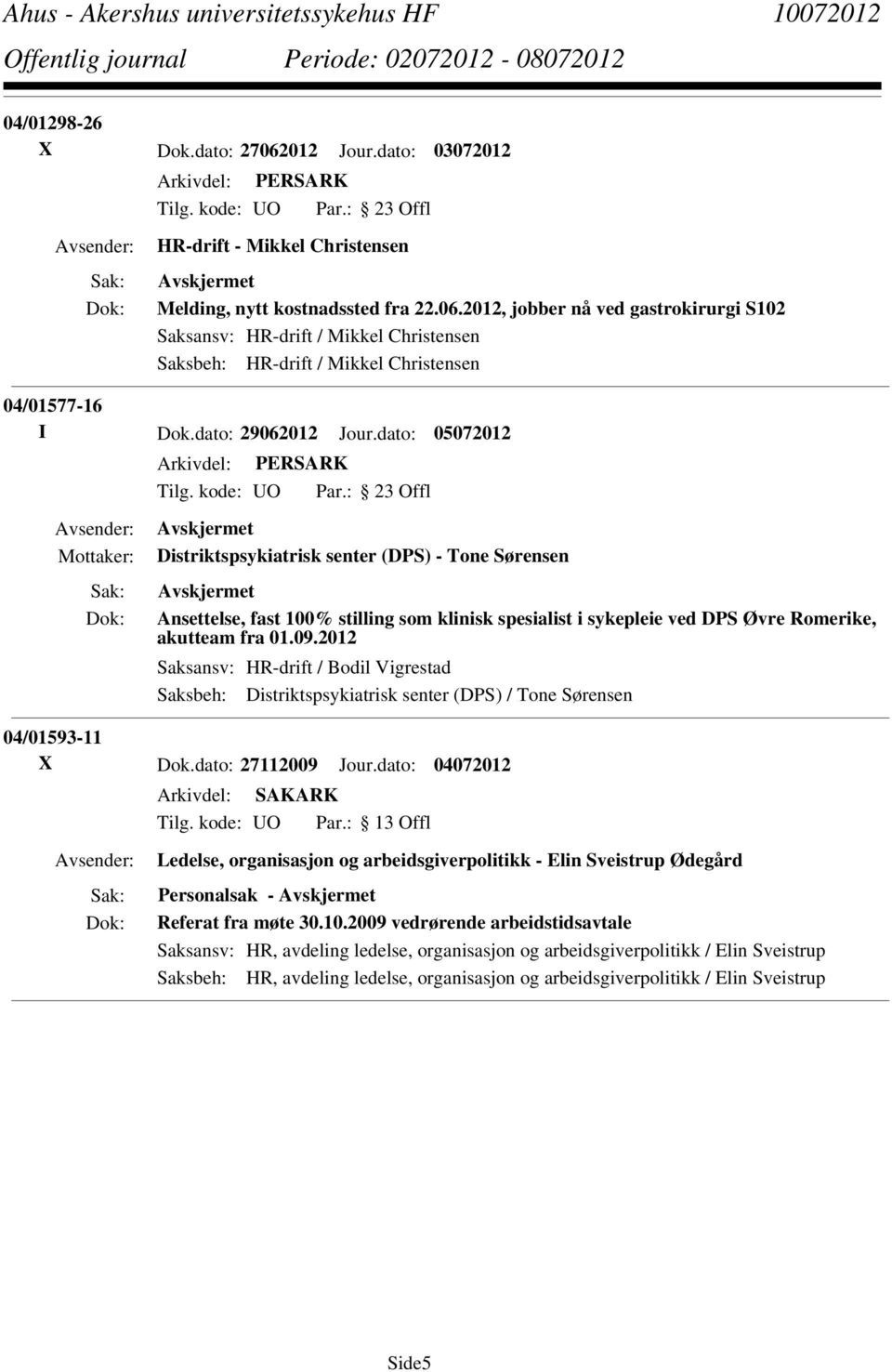 2012 Saksansv: HR-drift / Bodil Vigrestad Saksbeh: Distriktspsykiatrisk senter (DPS) / Tone Sørensen 04/01593-11 X Dok.dato: 27112009 Jour.