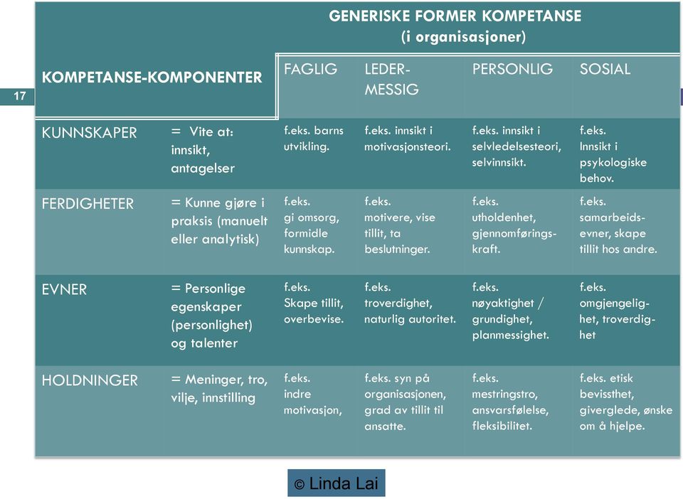 f.eks. utholdenhet, gjennomføringskraft. f.eks. samarbeidsevner, skape tillit hos andre. EVNER = Personlige egenskaper (personlighet) og talenter f.eks. Skape tillit, overbevise. f.eks. troverdighet, naturlig autoritet.