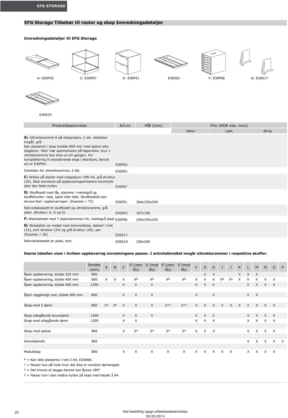 For komplettering til eksisterende skap i etterkant, benytt art.nr E30P54. Delelister for uttrekksramme, 2 stk. E30P55 E30S01 C: Brikke på sleider med mappekurv DIN A4, grå struktur (26).