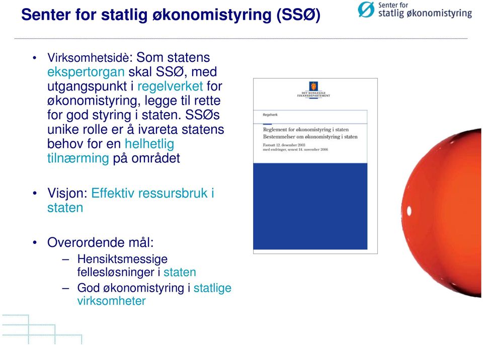 SSØs unike rolle er å ivareta statens behov for en helhetlig tilnærming på området Visjon: Effektiv