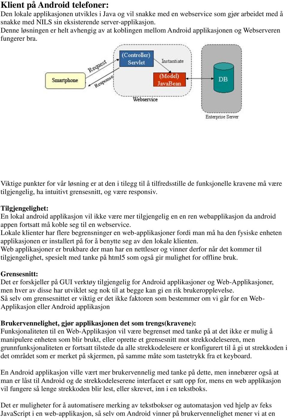 Viktige punkter for vår løsning er at den i tilegg til å tilfredsstille de funksjonelle kravene må være tilgjengelig, ha intuitivt grensesnitt, og være responsiv.