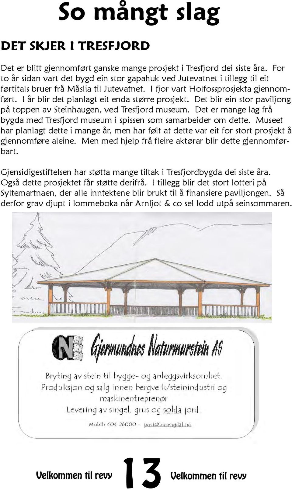 I år blir det planlagt eit enda større prosjekt. Det blir ein stor paviljong på toppen av Steinhaugen, ved Tresfjord museum.