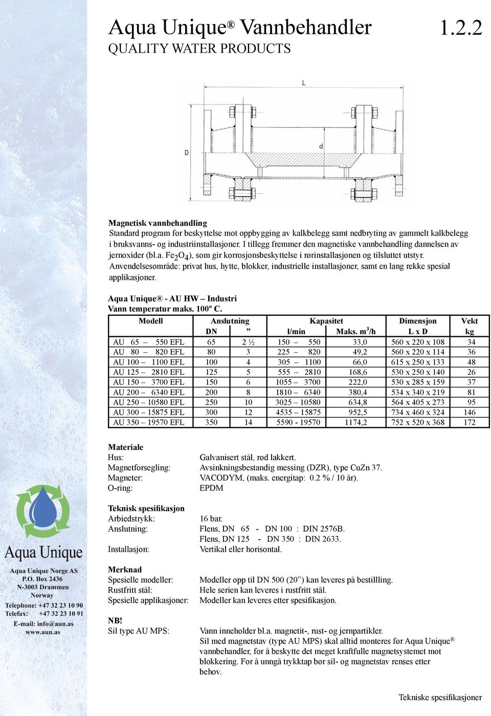 Anvendelsesområde: privat hus, hytte, blokker, industrielle installasjoner, samt en lang rekke spesial applikasjoner. Aqua Unique - AU HW Industri Vann temperatur maks. 100º C.