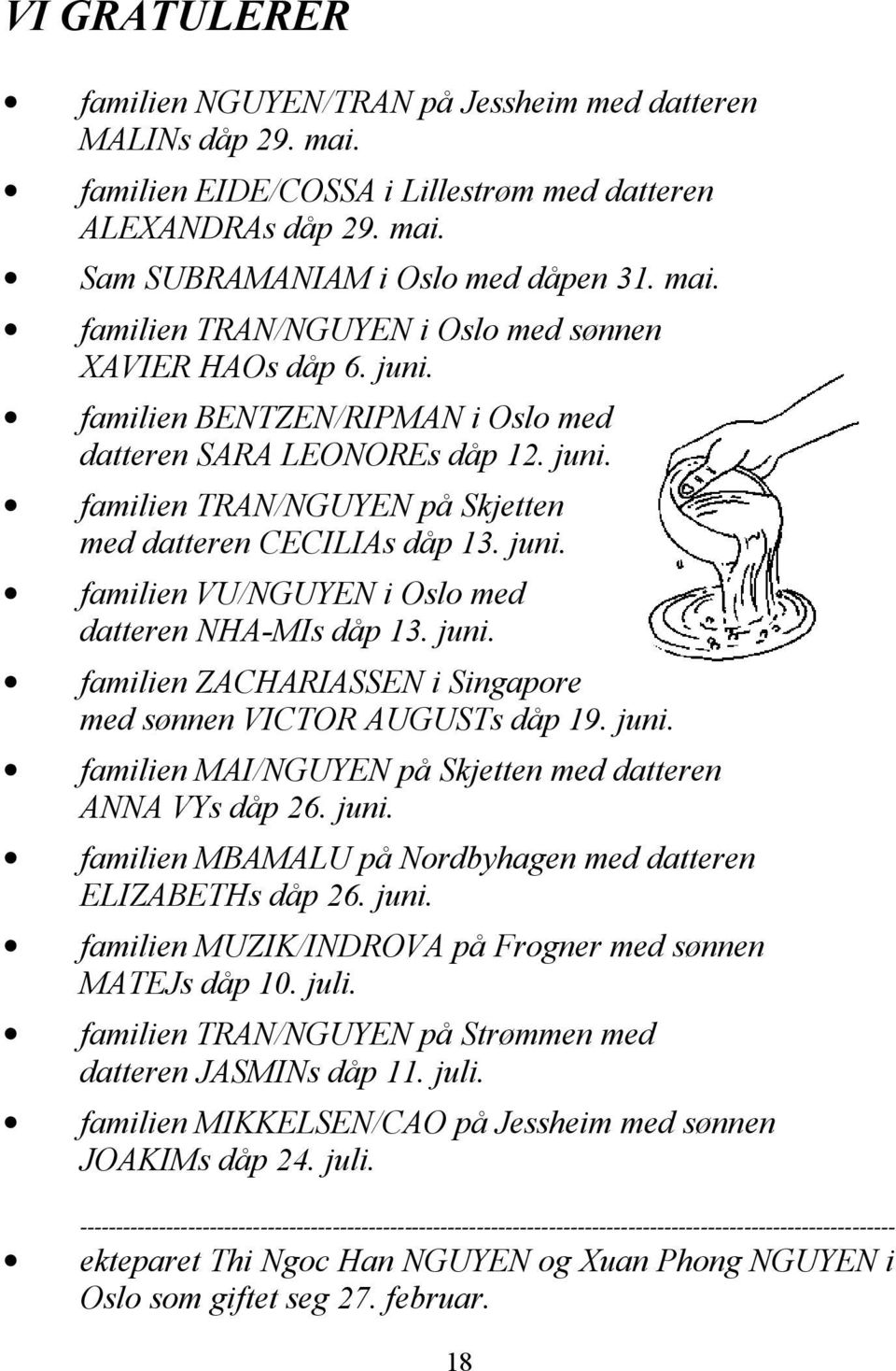 juni. familien ZACHARIASSEN i Singapore med sønnen VICTOR AUGUSTs dåp 19. juni. familien MAI/NGUYEN på Skjetten med datteren ANNA VYs dåp 26. juni. familien MBAMALU på Nordbyhagen med datteren ELIZABETHs dåp 26.