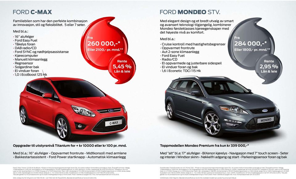 pr. mnd. ** 5,45 % Ford MONDEO STV. Med elegant design og et bredt utvalg av smart og avansert teknologi tilgjengelig, kombinerer Mondeo førsteklasses kjøreegenskaper med det høyeste nivå av komfort.