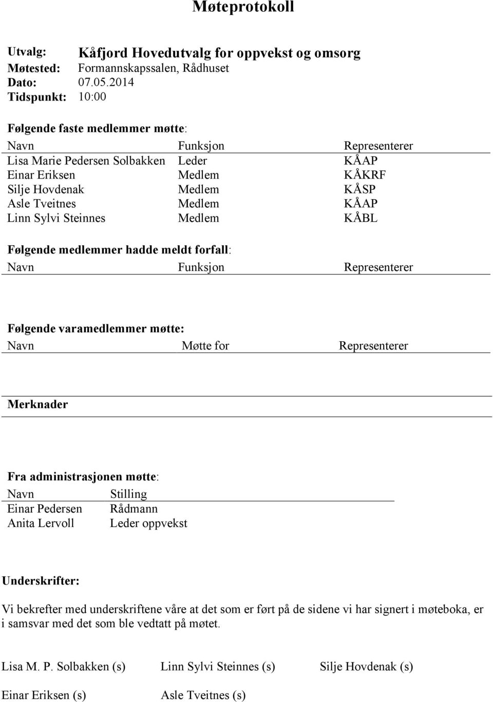 KÅAP Linn Sylvi Steinnes Medlem KÅBL Følgende medlemmer hadde meldt forfall: Navn Funksjon Representerer Følgende varamedlemmer møtte: Navn Møtte for Representerer Merknader Fra administrasjonen