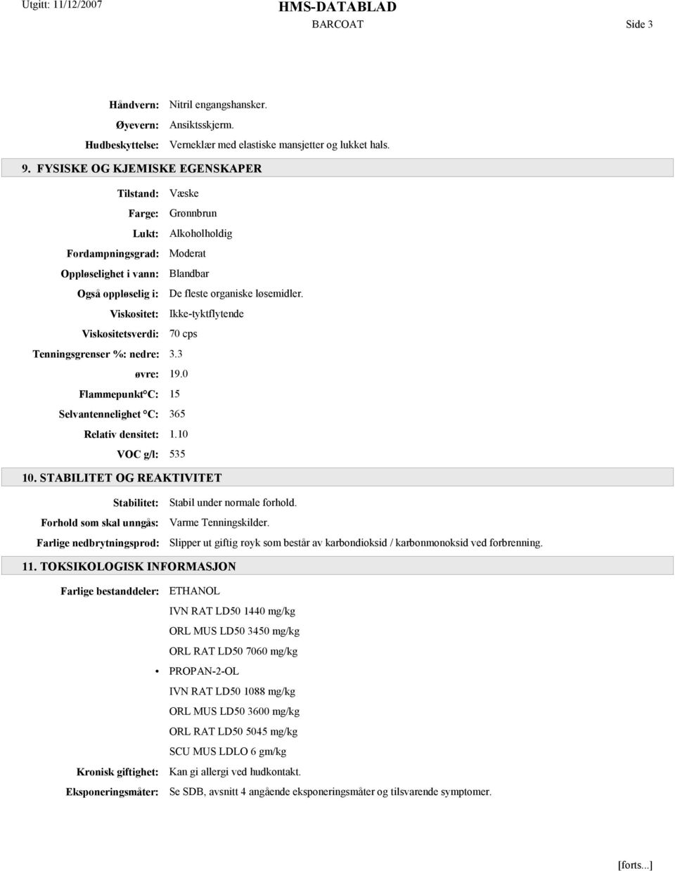 Viskositet: Ikke-tyktflytende Viskositetsverdi: 70 cps Tenningsgrenser %: nedre: 3.3 øvre: 19.0 Flammepunkt C: 15 Selvantennelighet C: 365 Relativ densitet: 1.10 VOC g/l: 535 10.