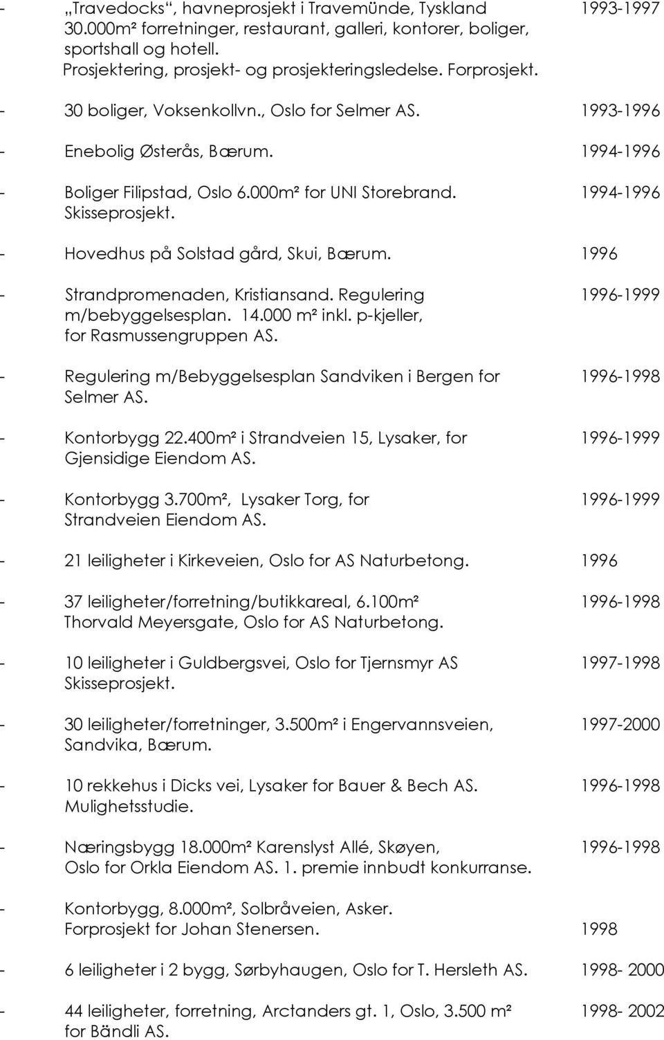 1994-1996 - Hovedhus på Solstad gård, Skui, Bærum. 1996 - Strandpromenaden, Kristiansand. Regulering 1996-1999 m/bebyggelsesplan. 14.000 m² inkl. p-kjeller, for Rasmussengruppen AS.