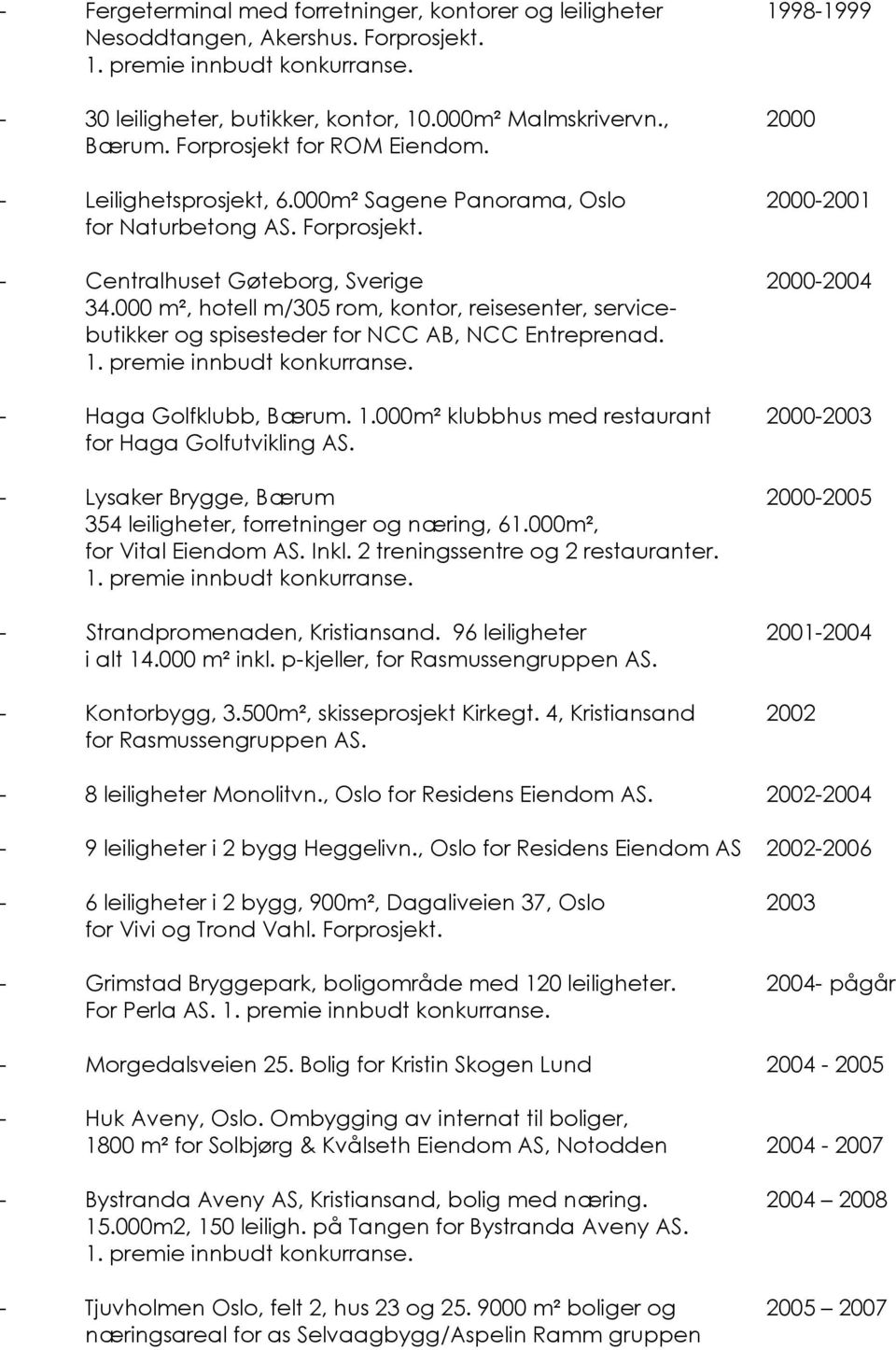 000 m², hotell m/305 rom, kontor, reisesenter, servicebutikker og spisesteder for NCC AB, NCC Entreprenad. - Haga Golfklubb, Bærum. 1.000m² klubbhus med restaurant 2000-2003 for Haga Golfutvikling AS.