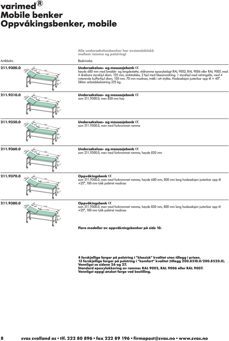 125 mm, antistatiske, 2 hjul med låseanordning. 1 styrehjul med retningslås, med 4 roterende bufferhjul diam. 150 mm. 70 mm madrass, trekk i ett stykke. Hodeseksjon justerbar opp til + 40.