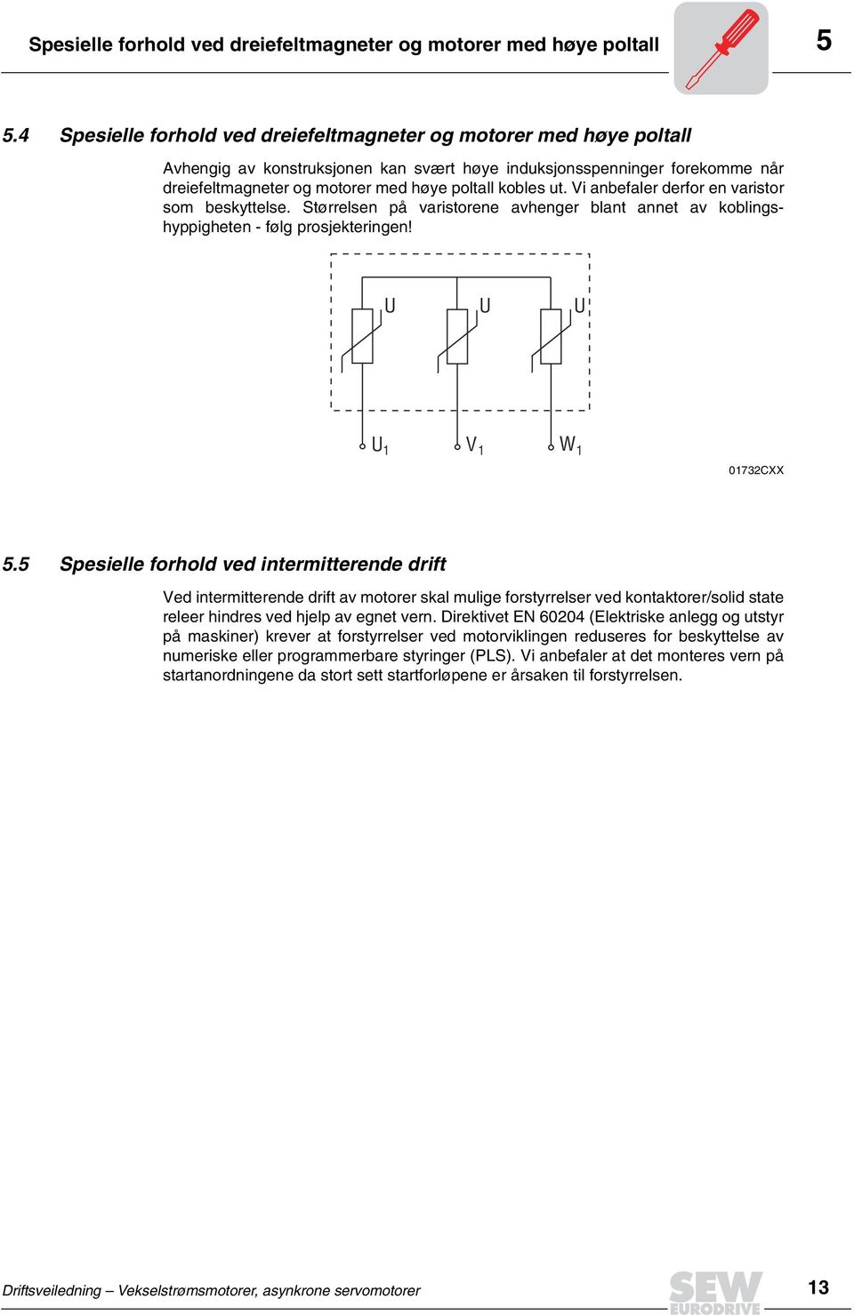 ut. Vi anbefaler derfor en varistor som beskyttelse. Størrelsen på varistorene avhenger blant annet av koblingshyppigheten følg prosjekteringen! U U U U 1 V 1 W 1 01732CXX 5.