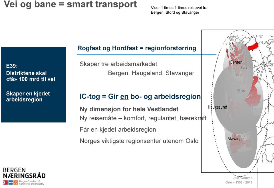 Fusa Skaper en kjedet arbeidsregion IC-tog = Gir en bo- og arbeidsregion Ny dimensjon for hele Vestlandet Ny reisemåte