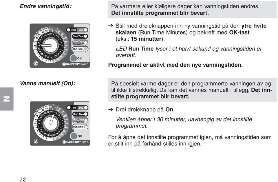 LED Run Time lyser i et halvt sekund og vanningstiden er overtatt. Programmet er aktivt med den nye vanningstiden.