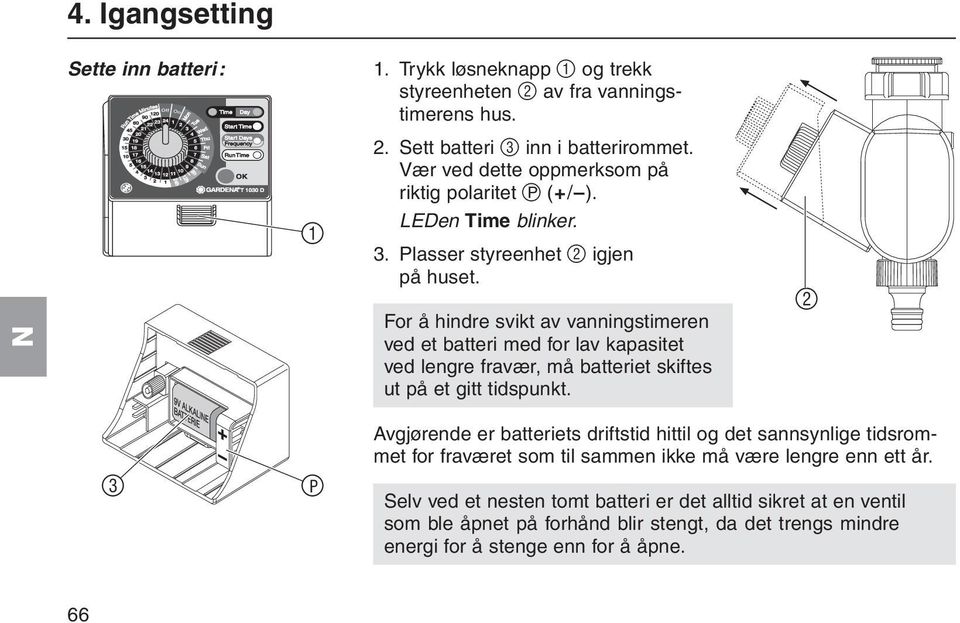 For å hindre svikt av vanningstimeren ved et batteri med for lav kapasitet ved lengre fravær, må batteriet skiftes ut på et gitt tidspunkt.