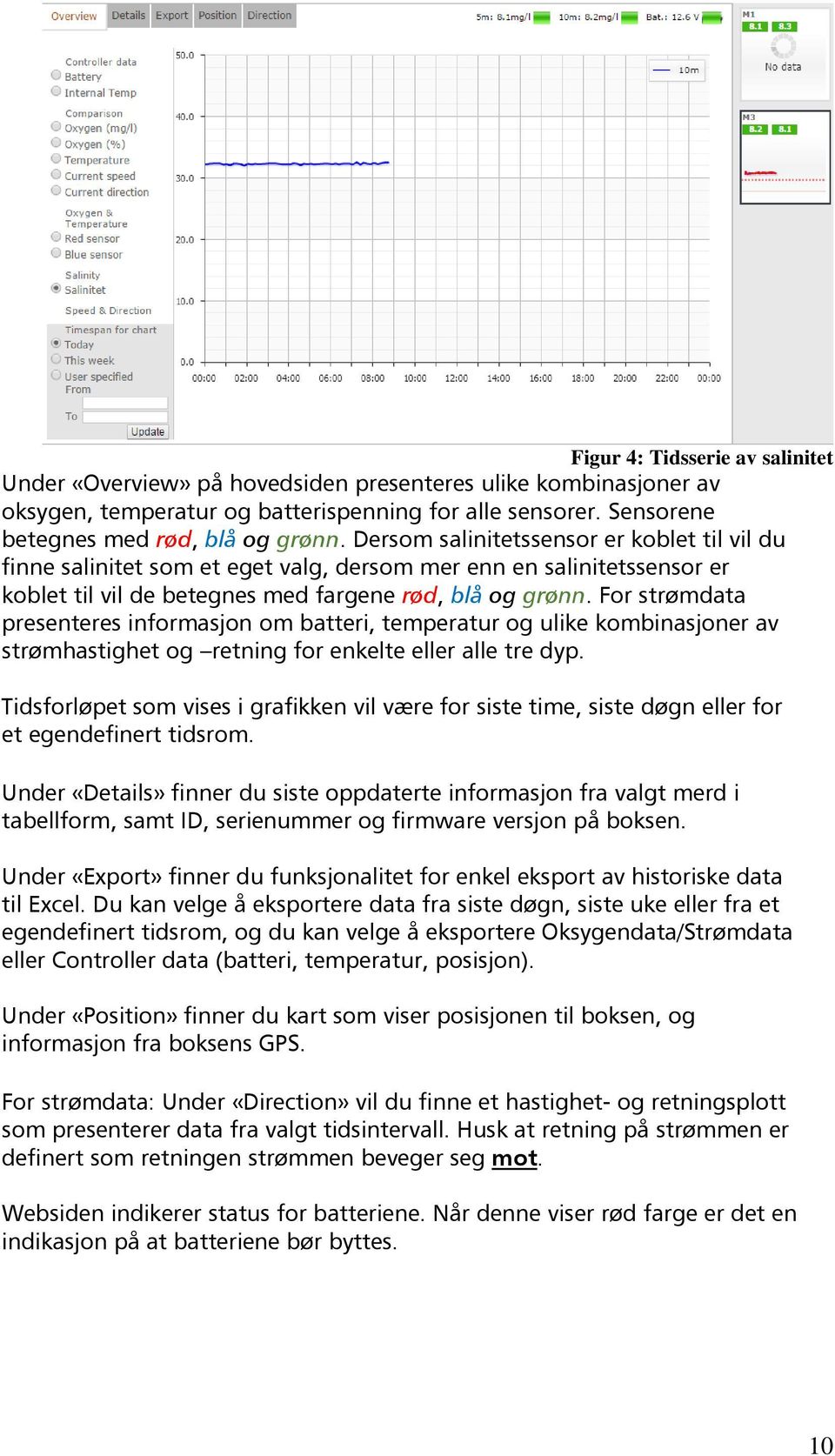 For strømdata presenteres informasjon om batteri, temperatur og ulike kombinasjoner av strømhastighet og retning for enkelte eller alle tre dyp.