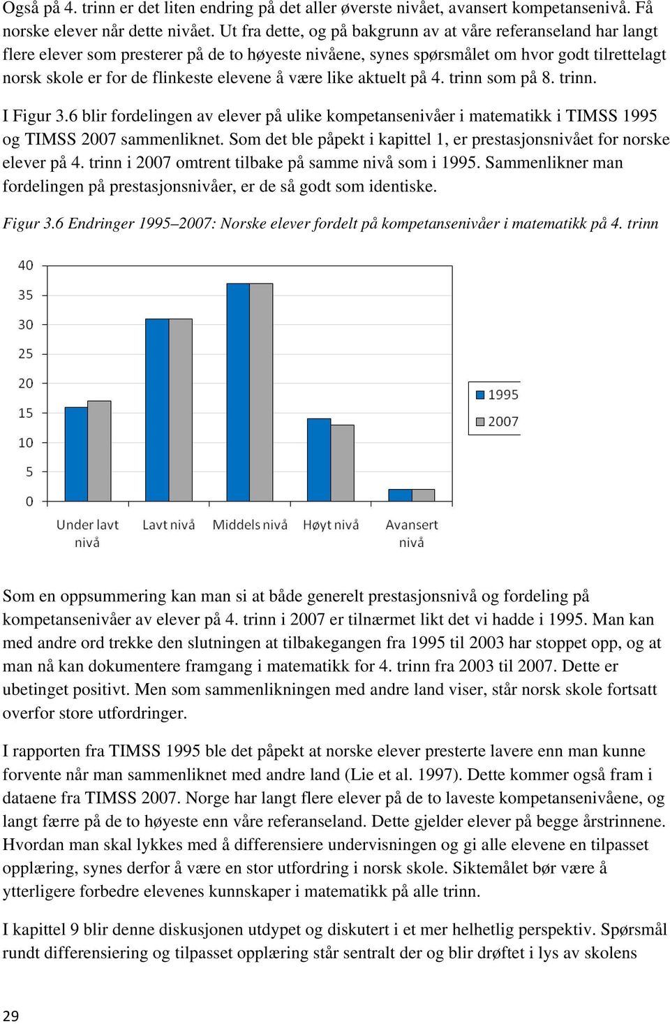 å være like aktuelt på 4. trinn som på 8. trinn. I Figur 3.6 blir fordelingen av elever på ulike kompetansenivåer i matematikk i TIMSS 1995 og TIMSS 2007 sammenliknet.