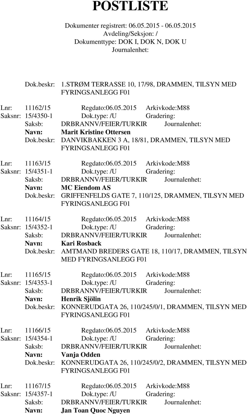 beskr: GRIFFENFELDS GATE 7, 110/125, DRAMMEN, TILSYN MED Lnr: 11164/15 Regdato:06.05.2015 Arkivkode:M88 Saksnr: 15/4352-1 Dok.type: /U Gradering: Navn: Kari Rosback Dok.
