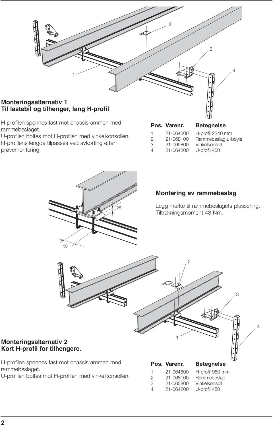 Betegnelse -06000 H-profil 0 mm -06800 Rammebeslag u-bøyle -065800 Vinkelkonsoll -0600 U-profil 50 Montering av rammebeslag 5 Legg merke til rammebeslagets plassering.