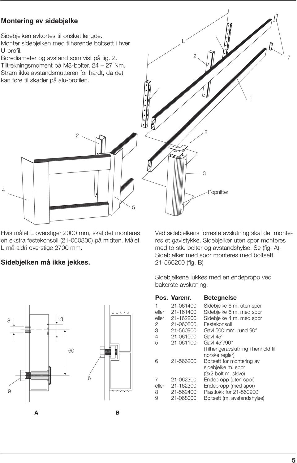 L 7 8 Popnitter 5 Hvis målet L overstiger 000 mm, skal det monteres en ekstra festekonsoll (-060800) på midten. Målet L må aldri overstige 700 mm. Sidebjelken må ikke jekkes.