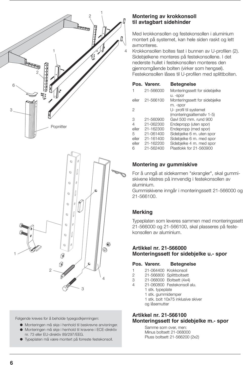 Festekonsollen låses til U-profilen med splittbolten. 6 Popnitter Pos. Varenr. Betegnelse -566000 Monteringssett for sidebjelke u. -spor eller -56600 Monteringssett for sidebjelke m.