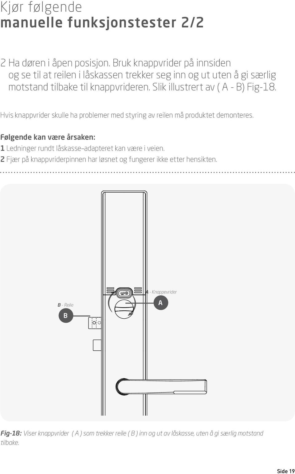 Slik illustrert av ( - ) Fig-18. Hvis knappvrider skulle ha problemer med styring av reilen må produktet demonteres.