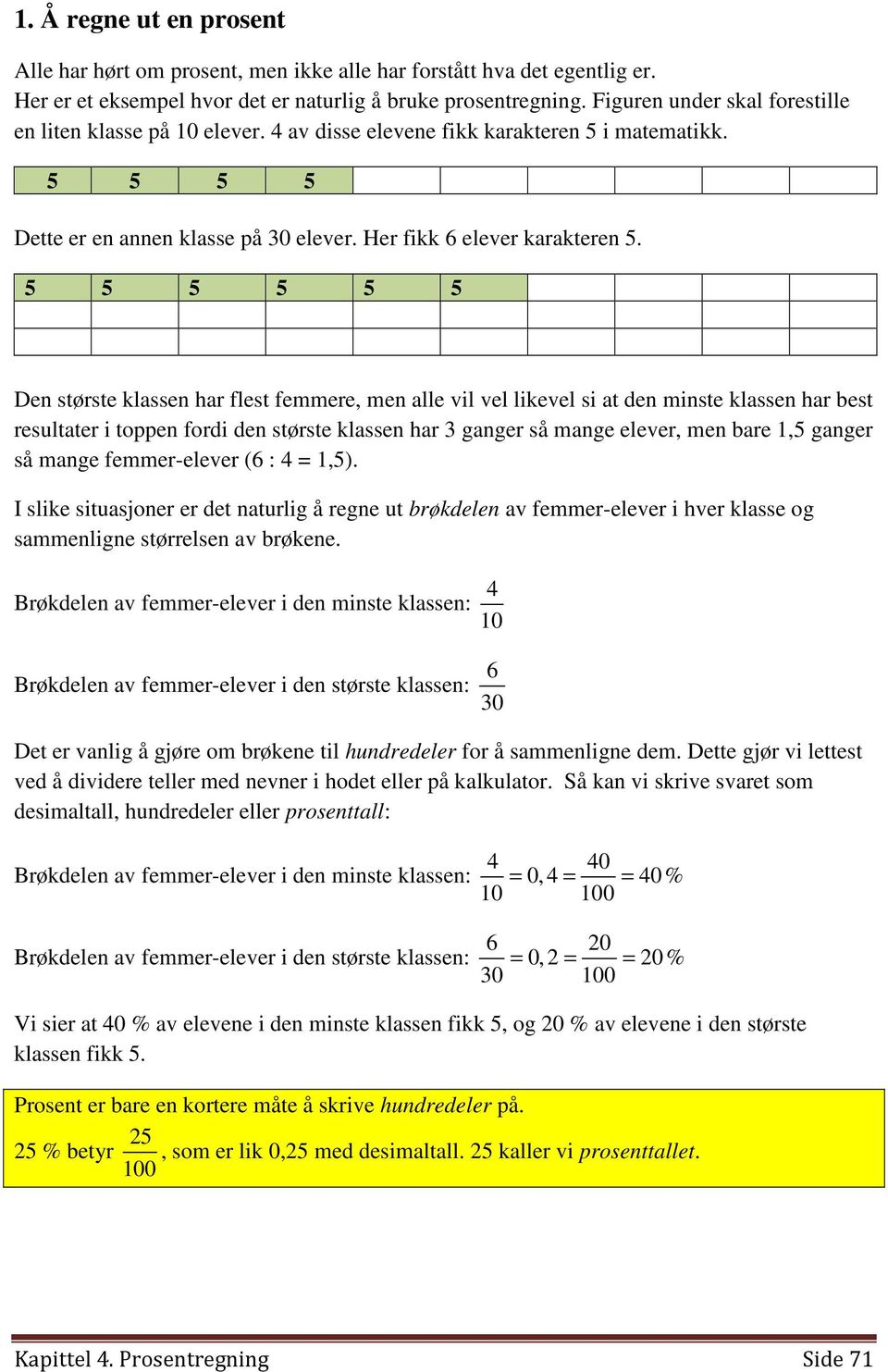 5 5 5 5 5 5 Den største klassen har flest femmere, men alle vil vel likevel si at den minste klassen har best resultater i toppen fordi den største klassen har 3 ganger så mange elever, men bare 1,5