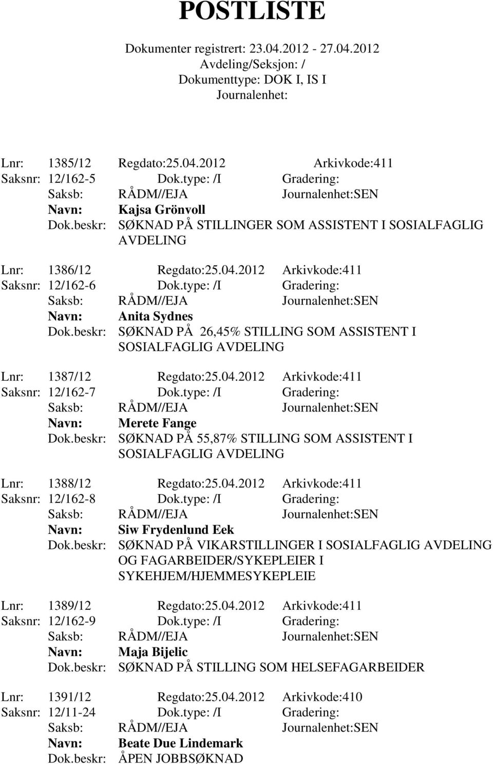 type: /I Gradering: Merete Fange Dok.beskr: SØKNAD PÅ 55,87% STILLING SOM ASSISTENT I SOSIALFAGLIG AVDELING Lnr: 1388/12 Regdato:25.04.2012 Arkivkode:411 Saksnr: 12/162-8 Dok.