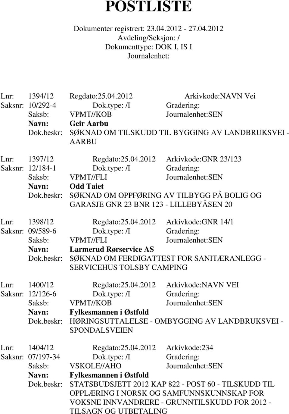 beskr: SØKNAD OM OPPFØRING AV TILBYGG PÅ BOLIG OG GARASJE GNR 23 BNR 123 - LILLEBYÅSEN 20 Lnr: 1398/12 Regdato:25.04.2012 Arkivkode:GNR 14/1 Saksnr: 09/589-6 Dok.