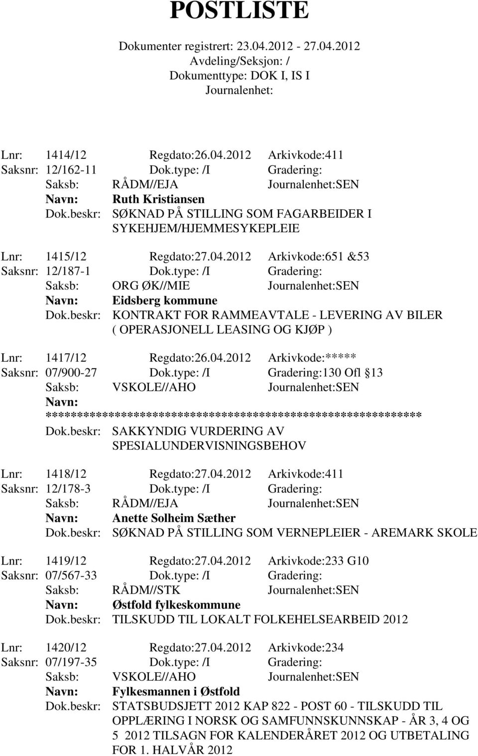 type: /I Gradering: Saksb: ORG ØK//MIE SEN Eidsberg kommune Dok.beskr: KONTRAKT FOR RAMMEAVTALE - LEVERING AV BILER ( OPERASJONELL LEASING OG KJØP ) Lnr: 1417/12 Regdato:26.04.