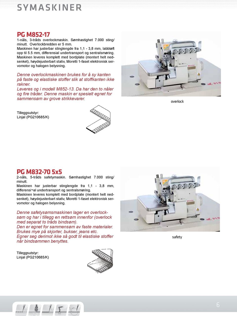 Maskinen leveres komplett med bordplate (montert helt nedsenket), høydejusterbart stativ, Moretti 1-faset elektronisk servomotor og halogen belysning.