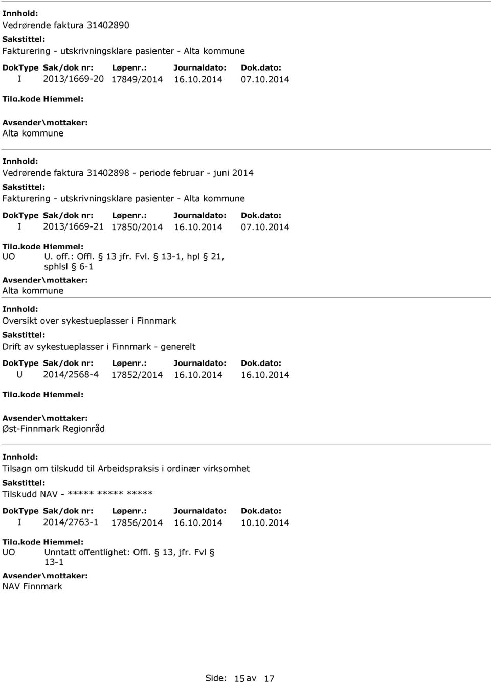 , hpl 21, sphlsl 6-1 Alta kommune Oversikt over sykestueplasser i Finnmark Drift av sykestueplasser i Finnmark - generelt 2014/2568-4 17852/2014 Øst-Finnmark