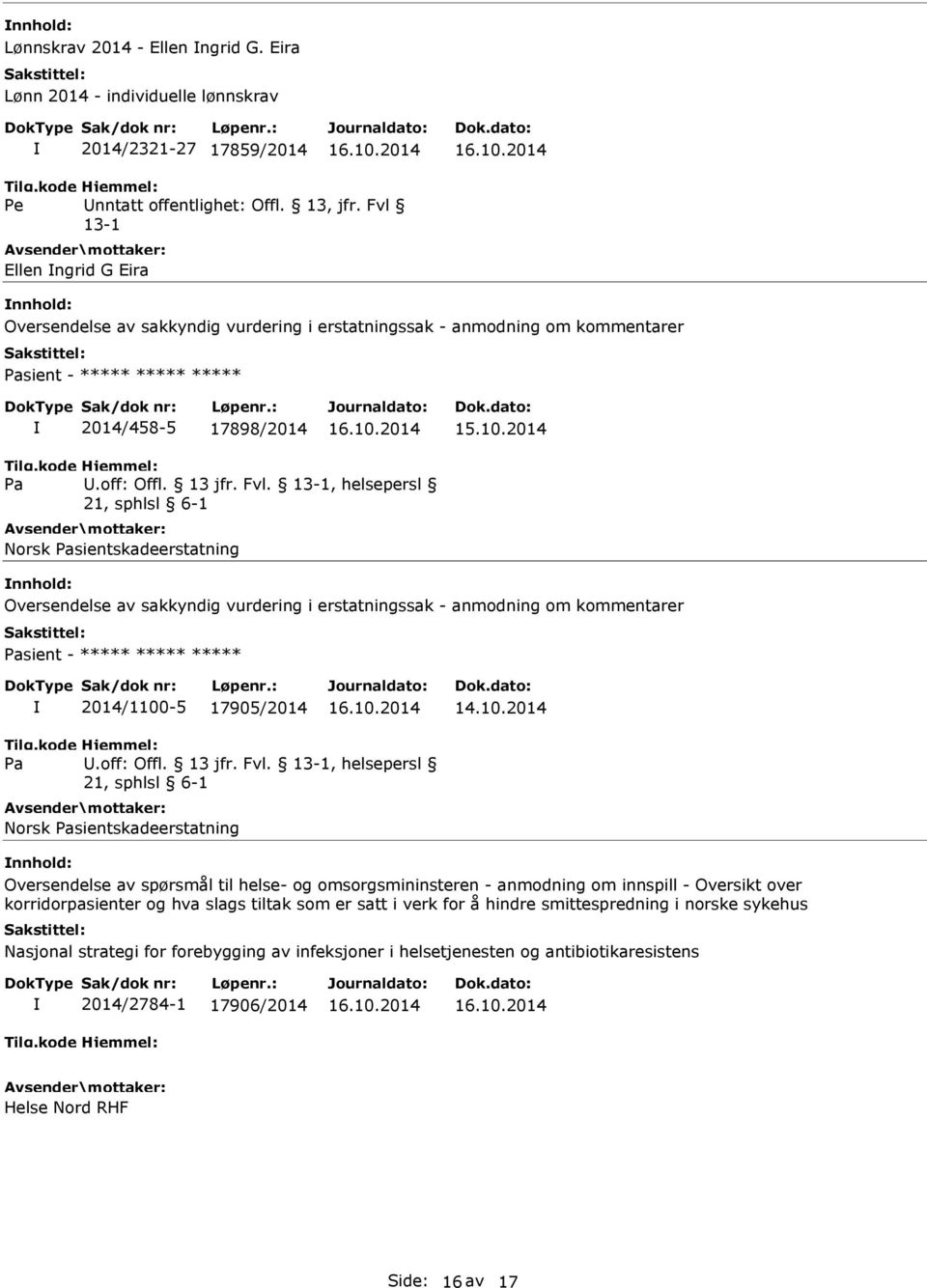 , helsepersl Norsk sientskadeerstatning Oversendelse av sakkyndig vurdering i erstatningssak - anmodning om kommentarer sient - ***** ***** ***** 2014/1100-5 17905/2014 14.10.2014.off: Offl. 13 jfr.