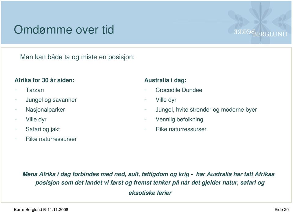 Vennlig befolkning - Rike naturressurser Mens Afrika i dag forbindes med nød, sult, fattigdom og krig - har Australia har tatt Afrikas