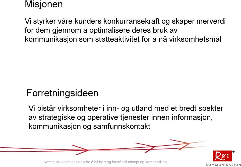 virksomhetsmål Forretningsideen Vi bistår virksomheter i inn- og utland med et bredt