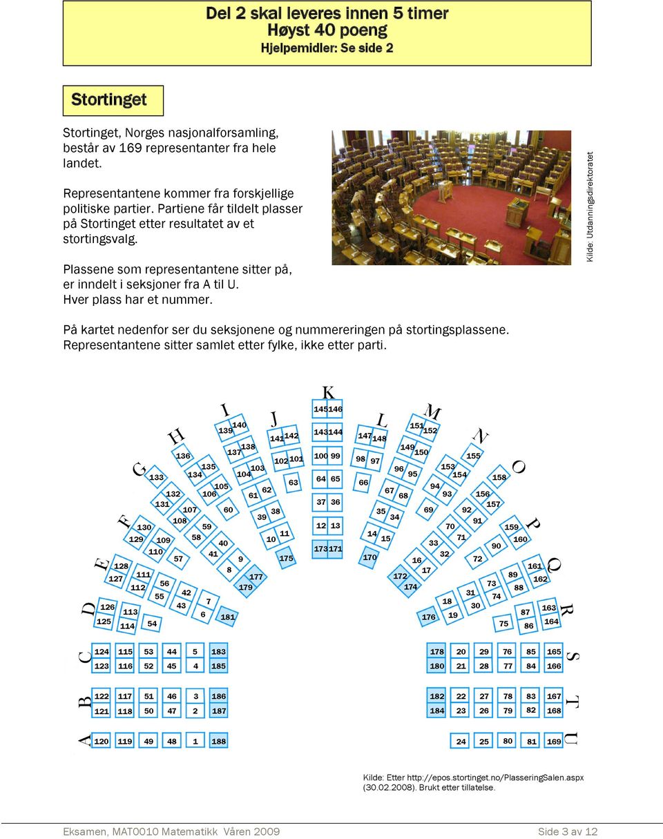Plassene som representantene sitter på, er inndelt i seksjoner fra A til U. Hver plass har et nummer.