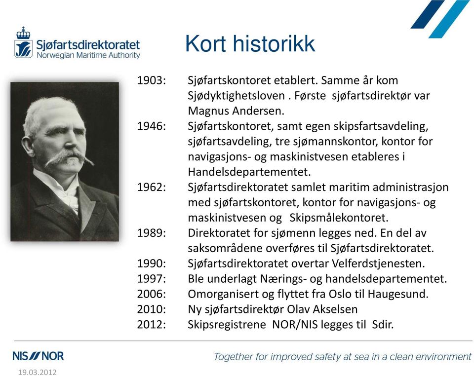 1962: Sjøfartsdirektoratet samlet maritim administrasjon med sjøfartskontoret, kontor for navigasjons og maskinistvesen og Skipsmålekontoret. 1989: Direktoratet for sjømenn legges ned.